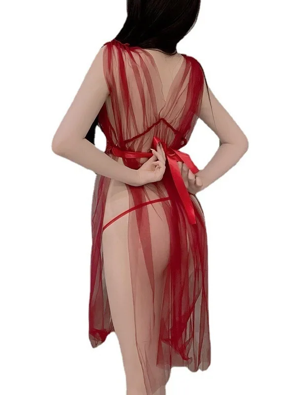 Sheer Cheongsam Mesh Lace Transparent Dress V Neck Lingerie Charming Robe Dress Elegant Fashion Sexy Korean Women Tops 061A