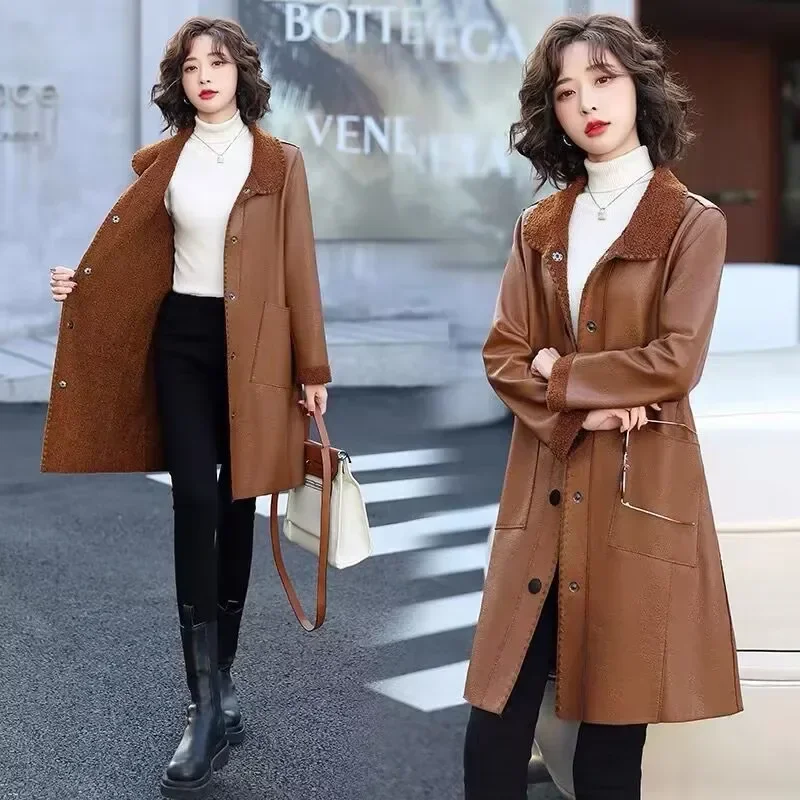 Autumn and winter new leather jacket women 2023 velvet warm loose korean fashion plus-size women's faux fur coats PU clothing