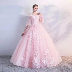 Vestido de fiesta de Princesa con Apliques de encaje y mangas de campana, vestido de fiesta de cumpleaños de color rosa, 2024