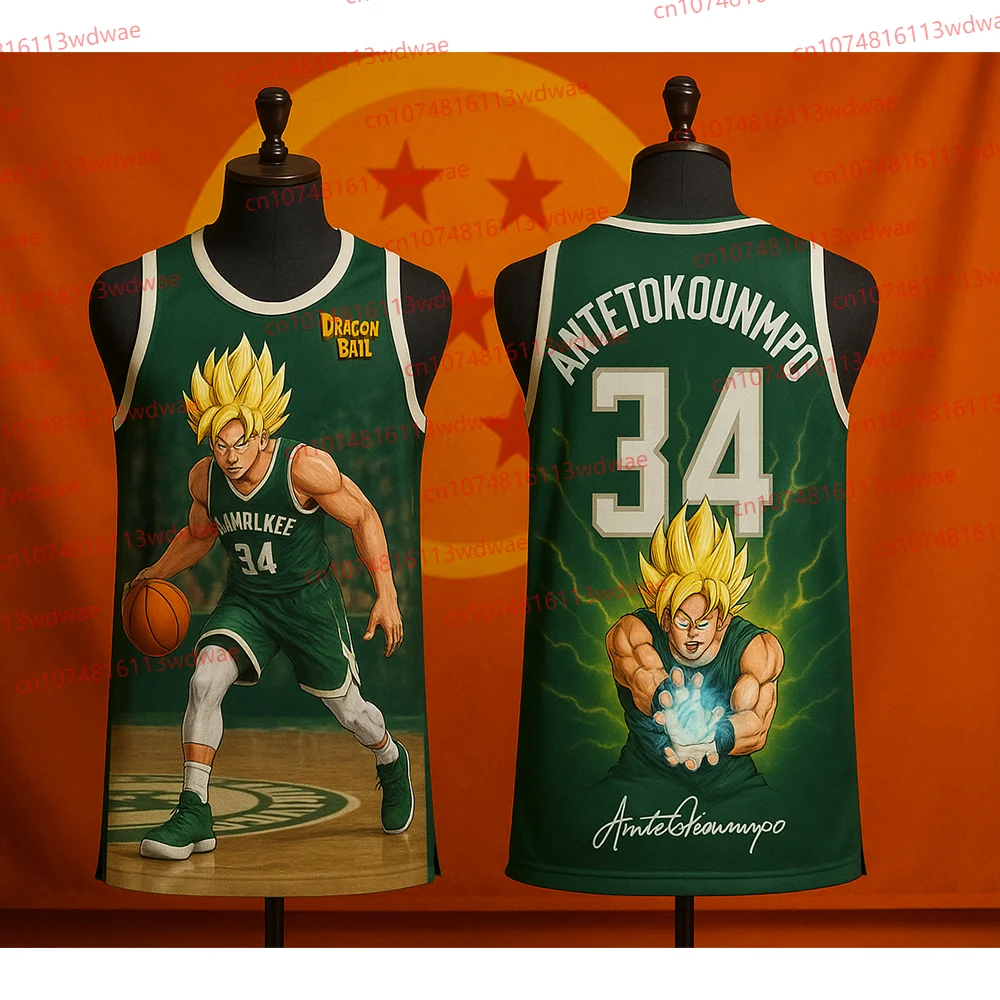 Giannis Antetokounmpo 34 Camiseta de baloncesto Dragon Ball Goku Edición especial Camiseta de baloncesto Deporte Chaleco de baloncesto de secado rápido