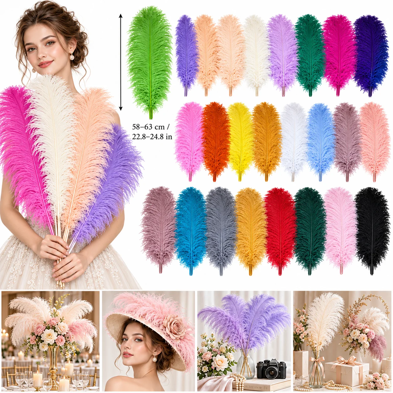2/5/10pcs Long Ostrich Feathers 58-63cm Thick Stem Fluffy Plumes 26 Colors DIY Wedding Party Hat Decor Craft Supplies