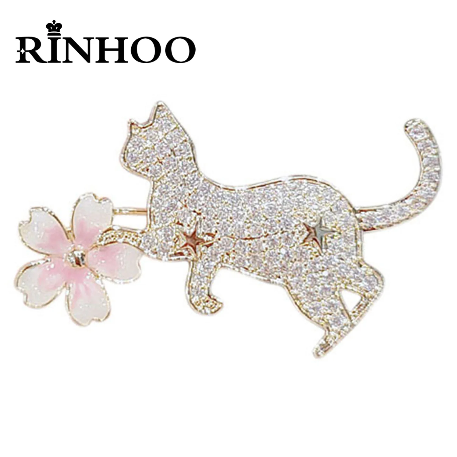 Rinhoo Cartoon Full Rhinestone Cat Brooch For Women Cute Cherry Blossom Long Tail Kitten Enamel Pins Small Animal Badge Jewelry