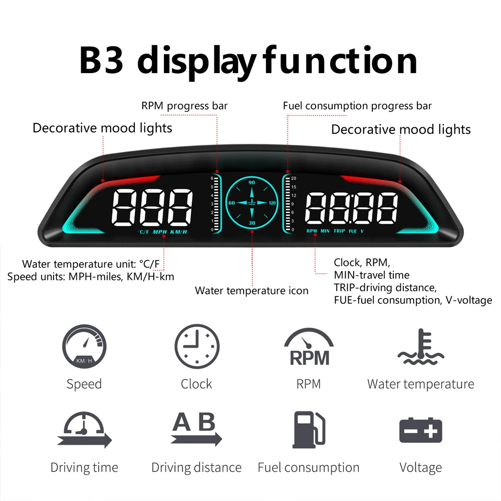 Medidor multi obd b3 head up display velocidade rpm temperatura da água tempo de consumo de combustível com alarme de tensão de excesso de velocidade lembrete de unidade