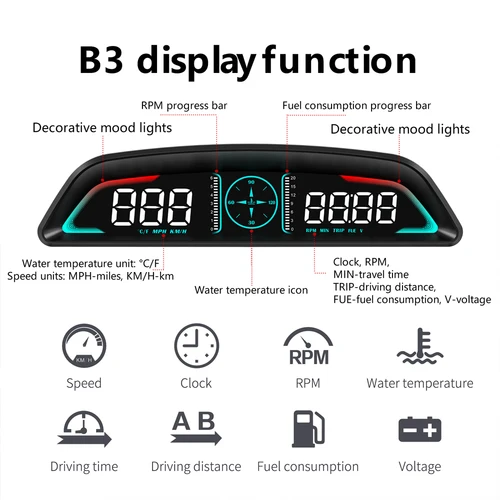 Imagen 1 del producto Medidor Multi OBD B3 Head Up Display Velocidad RPM Temperatura del agua Tiempo de consumo de combustible con alarma de voltaje de exceso de velocidad Recordatorio de accionamiento