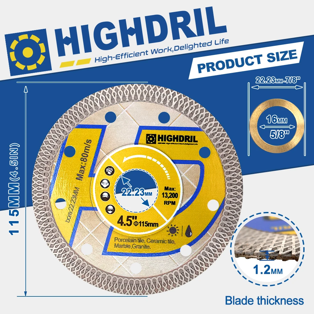 HIGHDRIL 1pc Diamond X Mesh Cutting Discs For Ceramic Tile Granite Marble Saw Blades Dia115mm/4.5inch Grit60/70 Arbor22.23mm