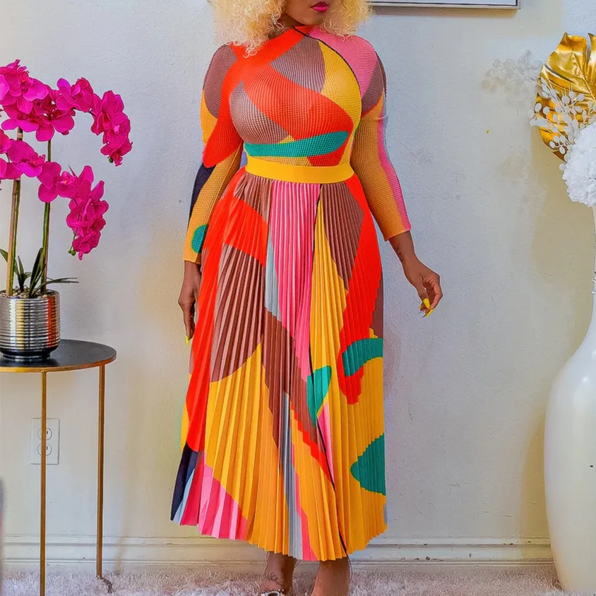 

Elegant African Print Dresses for Women Plus Size Pleated Party Skirt and Top Set Dashiki Ankara Outfit Autumn Africa Clothing
