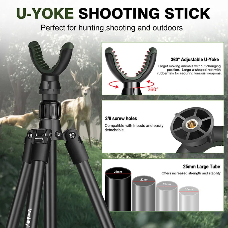 

Manbily 165cm Tripods for Hunting with U Yoke Head Rest 360° Rotating Portable Camera Tripod Max.Load 8kg (MA-254G)
