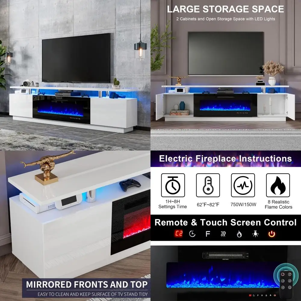 

Contemporary Glossy 80 TV Stand with Built-in 40 Electric Fireplace and Open Shelving Entertainment Unit