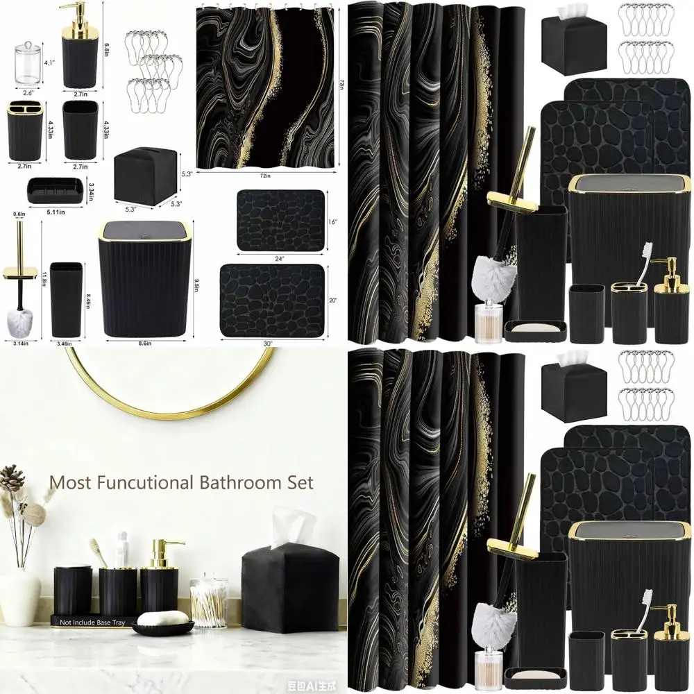

Complete 23-Piece Black Bathroom Accessory Set: Shower Curtain, Mats, Trash Bin, Soap Dispenser, and More
