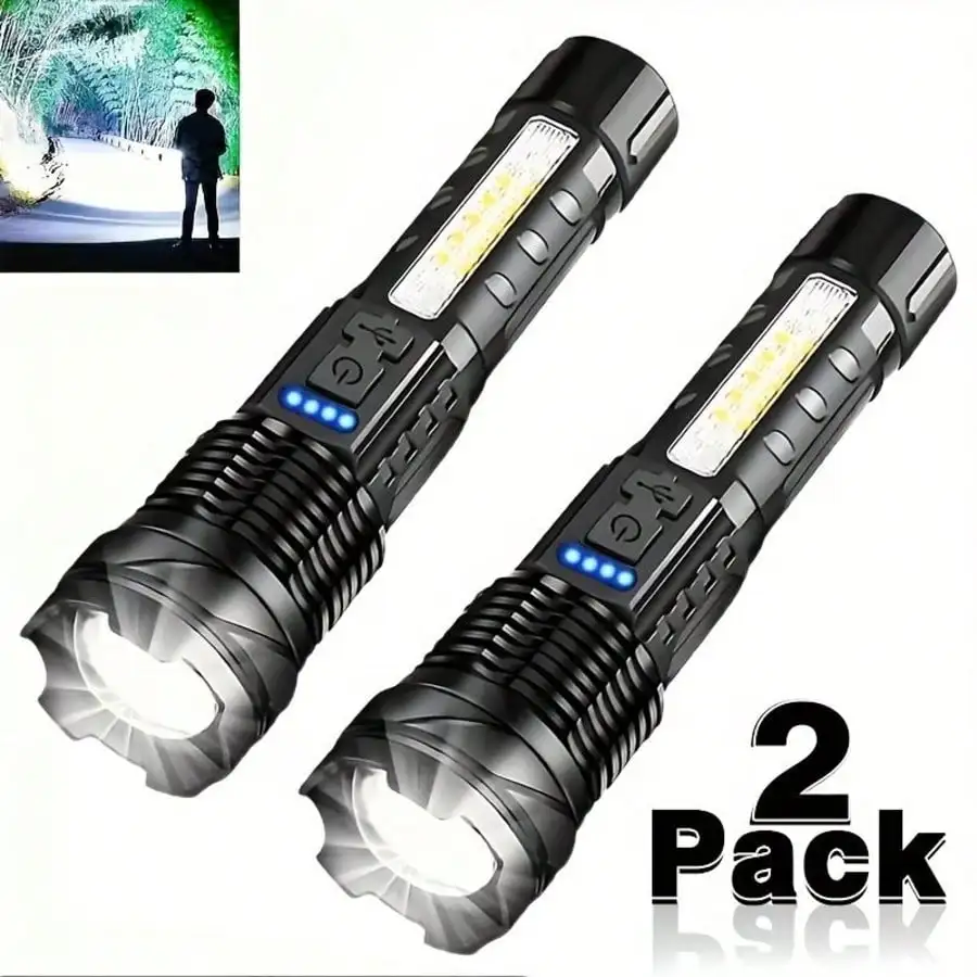 2-Pack USB Rechargeable High Power LED Handheld Flashlights, Work Lights With COB Side Lamp, 7 Modes, Emergency Lighting For Outdoors, Hiking, Camping, Up To 200M Range, For Travel