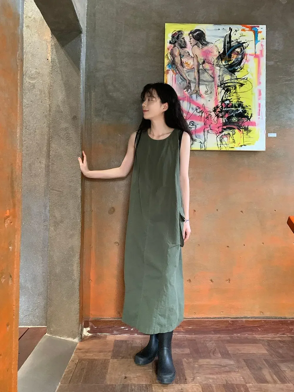 

Retro Large Pocket Design Workwear Vest Dress For Women'S Summer New Round Neck Loose And Comfortable Long Skirt