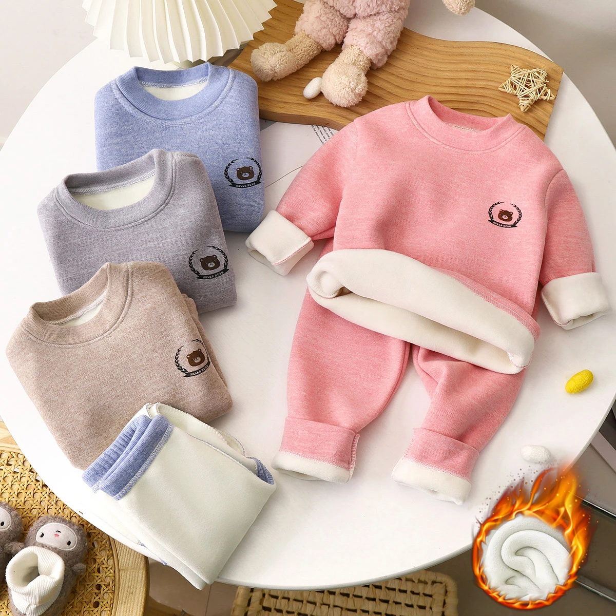 2026 Early Spring Fleece Lined Kids Underwear Set Thickened Warm Toddler Boys Girls Outfit Skin-friendly 2Pcs Set for 1-8Y Child