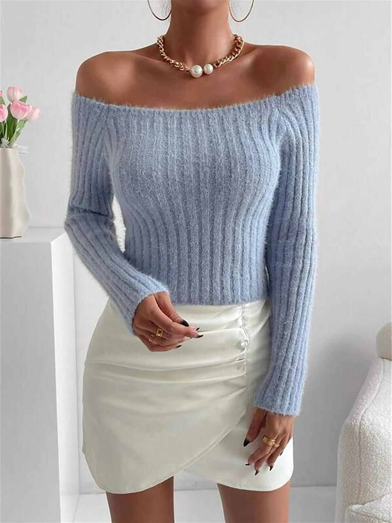 

Women's Long Sleeve off Shoulder Sweater Solid Color Casual K-Fashion Autumn Winter Daily Top