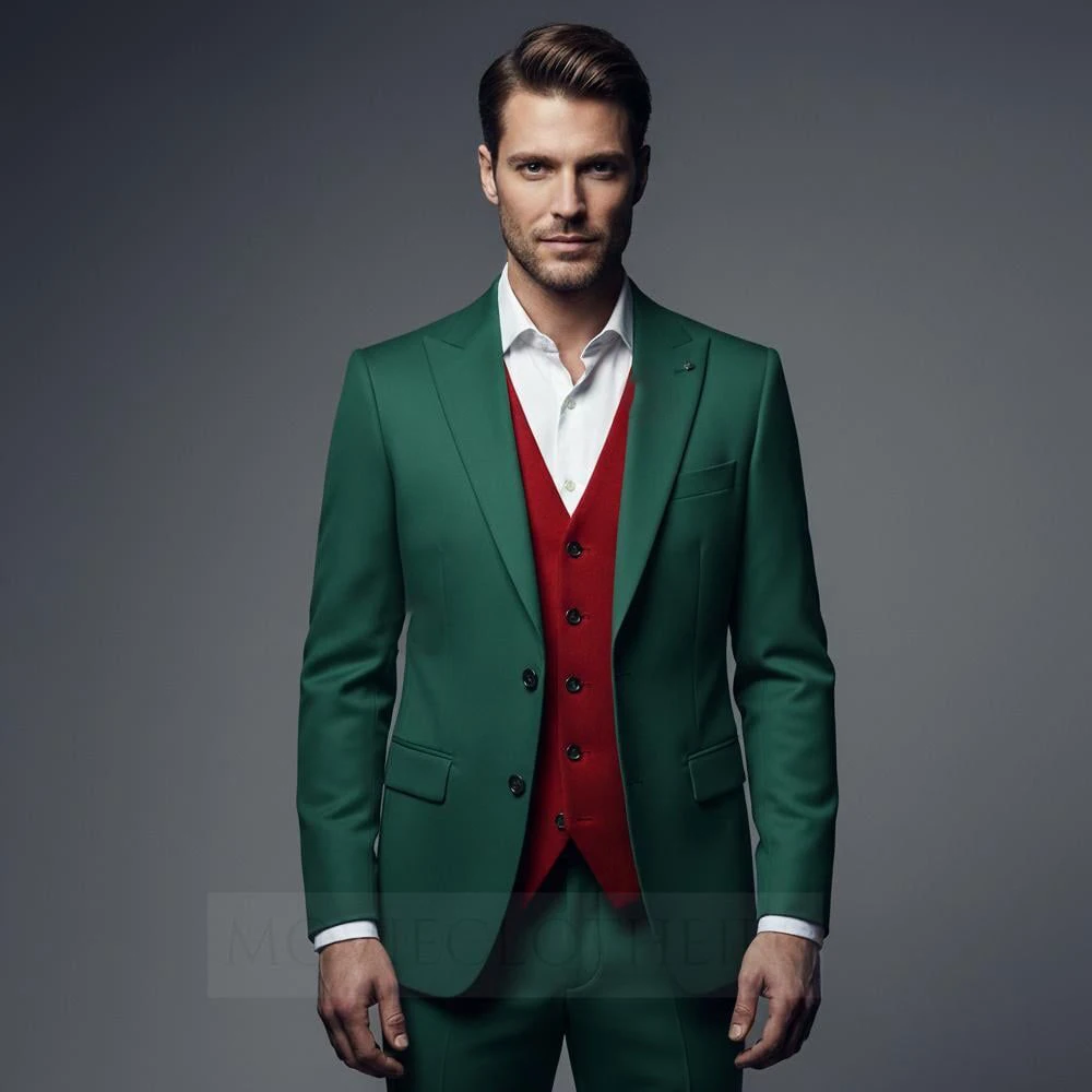 

Elegant Men's Suits For Wedding Formal Green Jacket Pants With Red Vest 3 Piece High Quality Groomsmen Outfits Full Sets