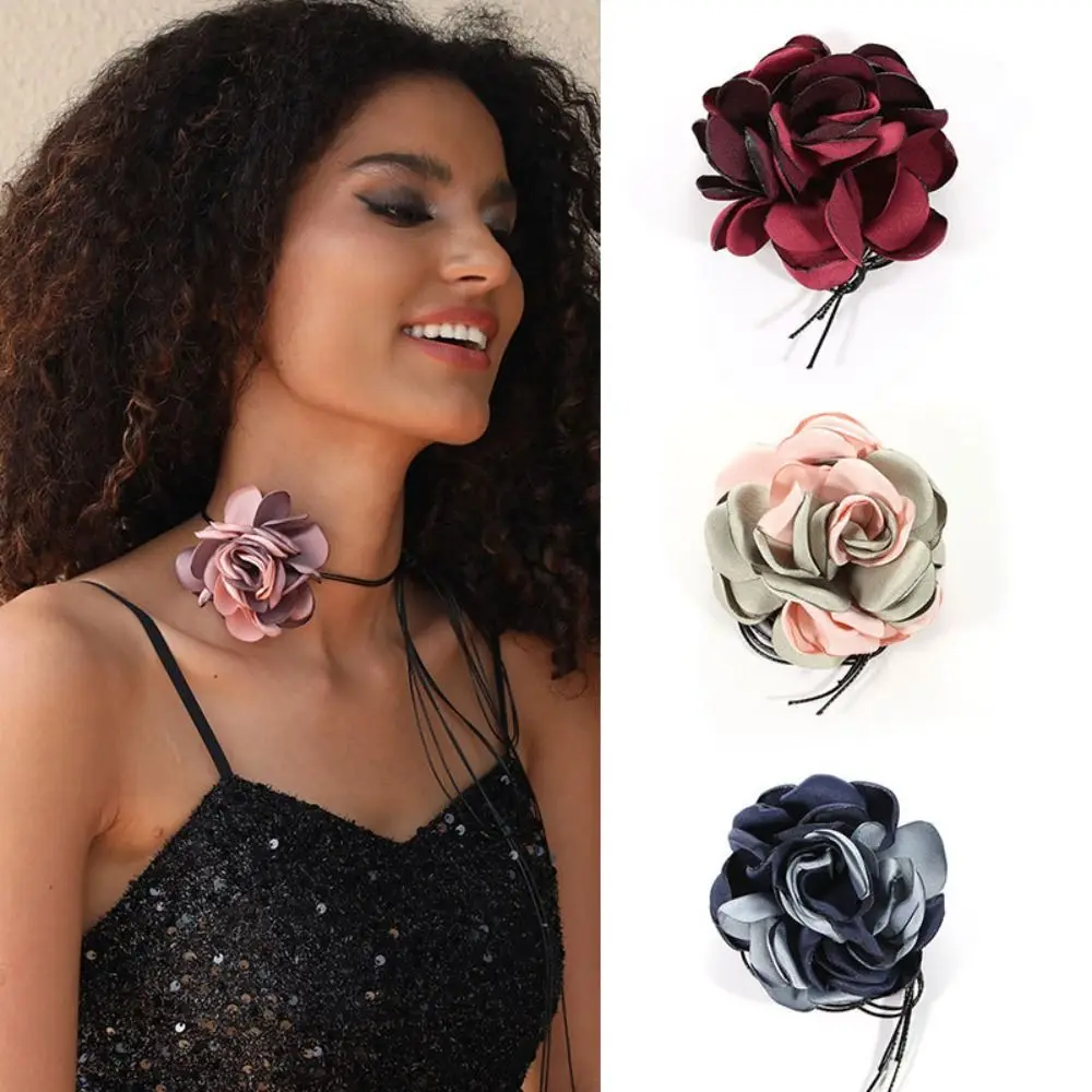 Tour de cou en tissu avec grande fleur rose, bijoux à breloques sur le cou, ULà lacets de style coréen, décoration de collier