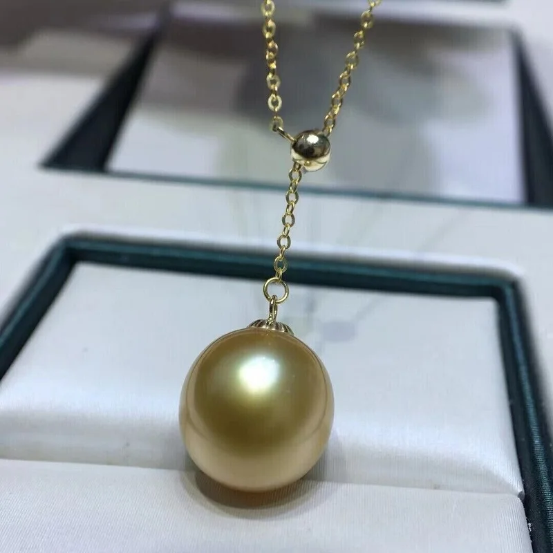 Large AAAAA 10-11mm South China Sea Authentic Gold Round Pearl Pendant Necklace 925S-