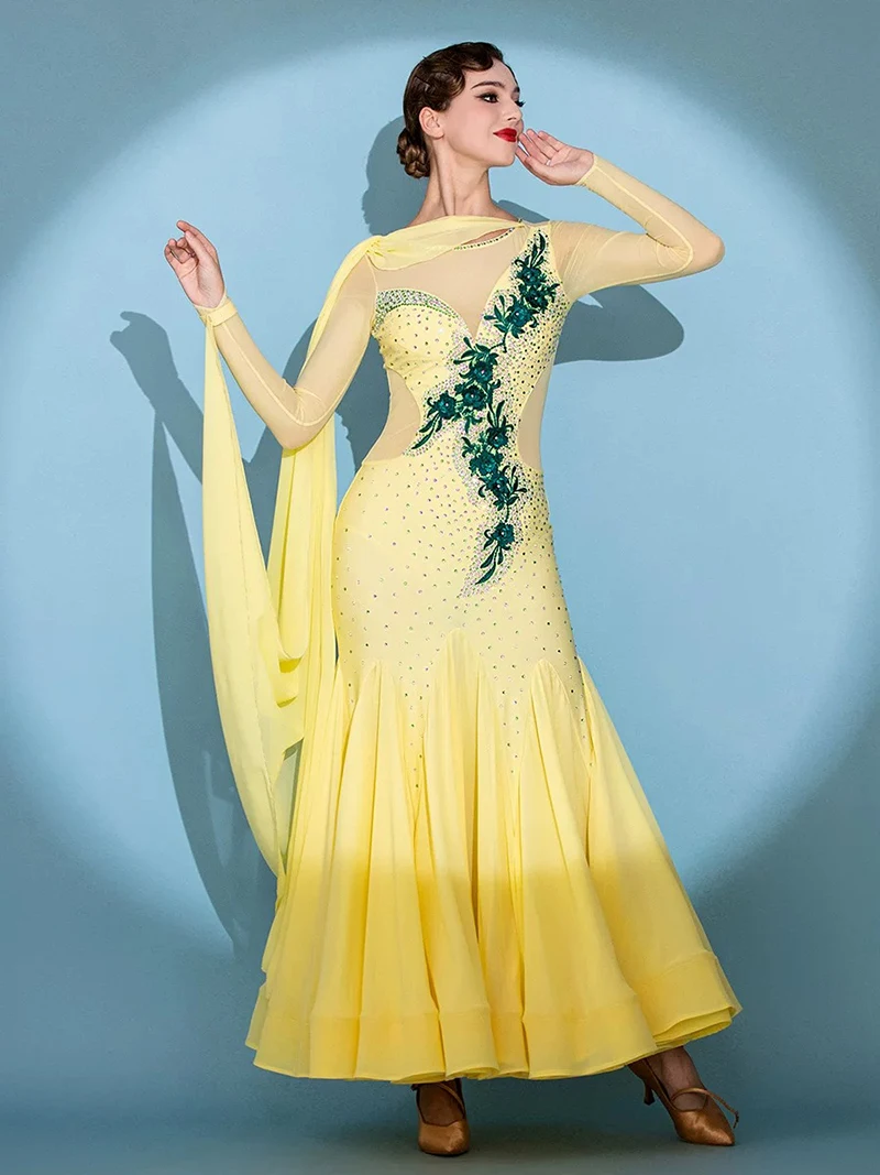 Standard Waltz Dance Dress Elegant Yellow Shiny Diamond Tango Ballroom Competition Dancing Costume Lady's Ballroom Dance Dresses