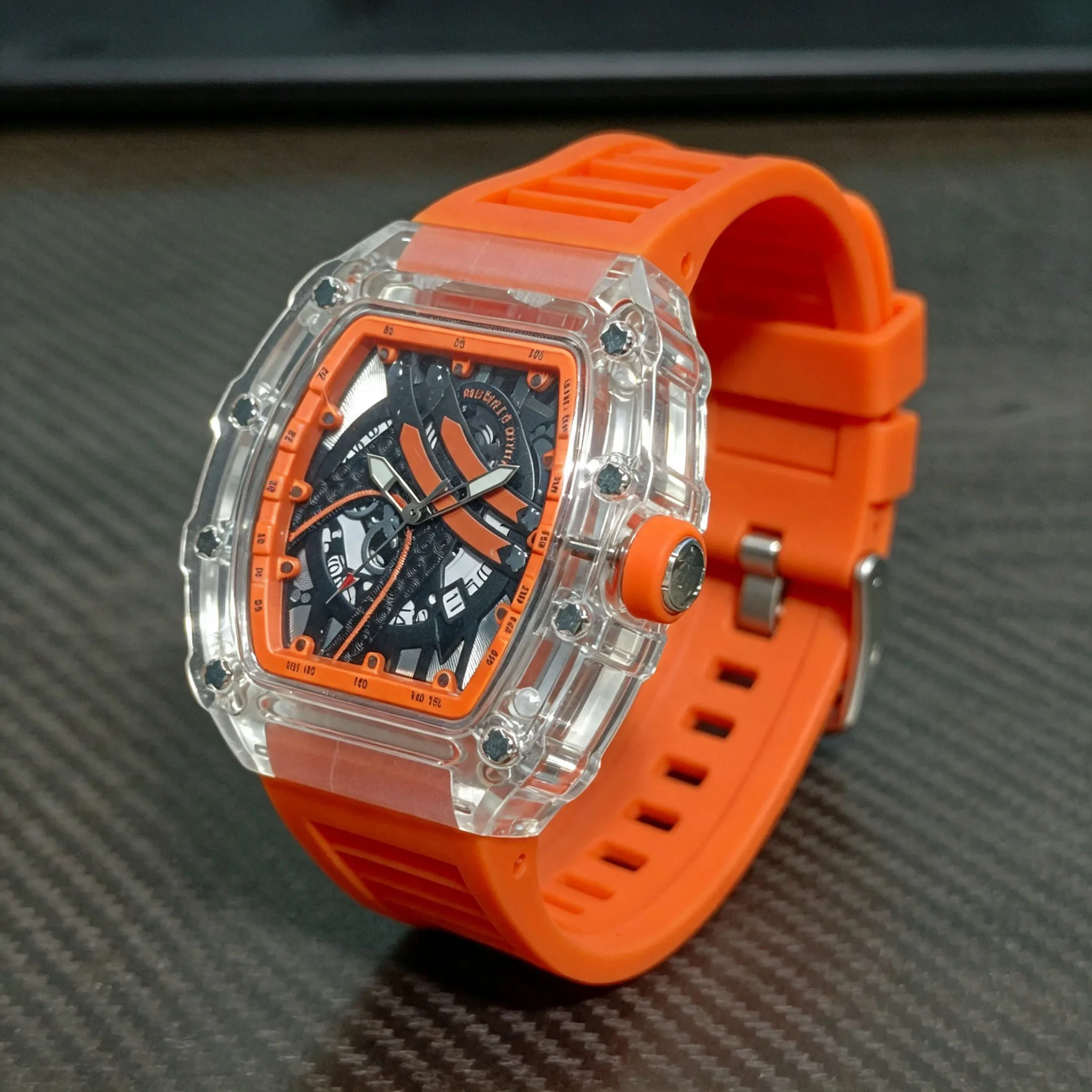 Original barrel-shaped men's luxury hollowed-out wristwatch, simulating business fashion Korean version automatic quartz men's w