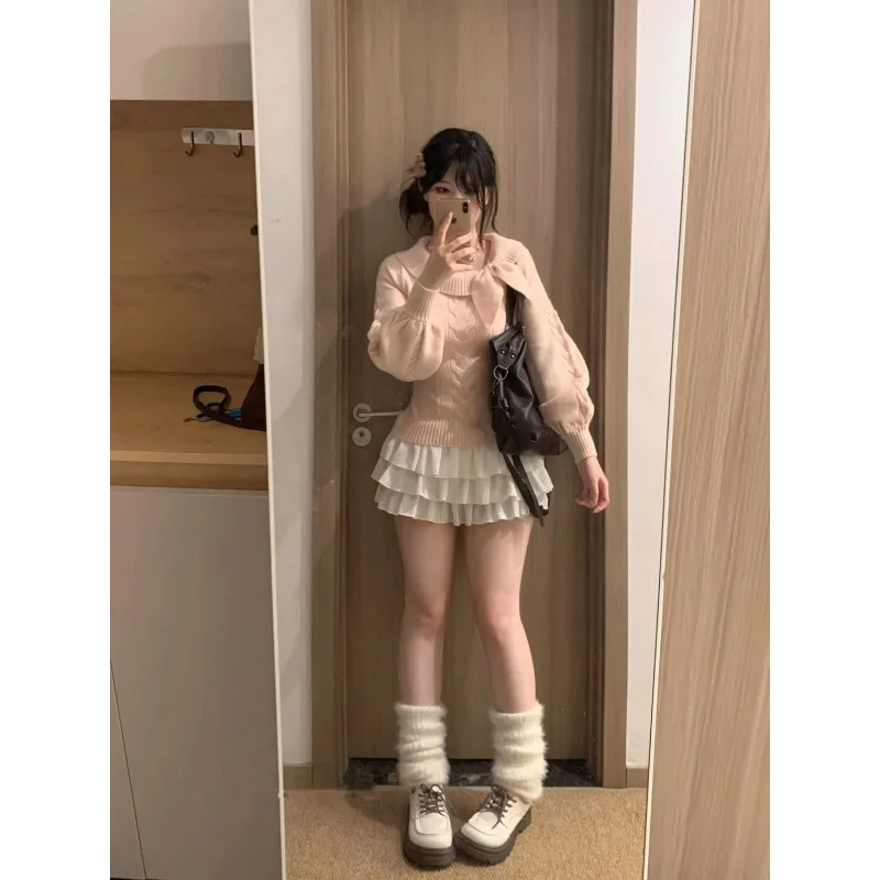 Fashionable Autumn and Winter New Solid Color Hottie Waist Long-sleeved Sweater Long-sleeved Versatile Bow Pullover