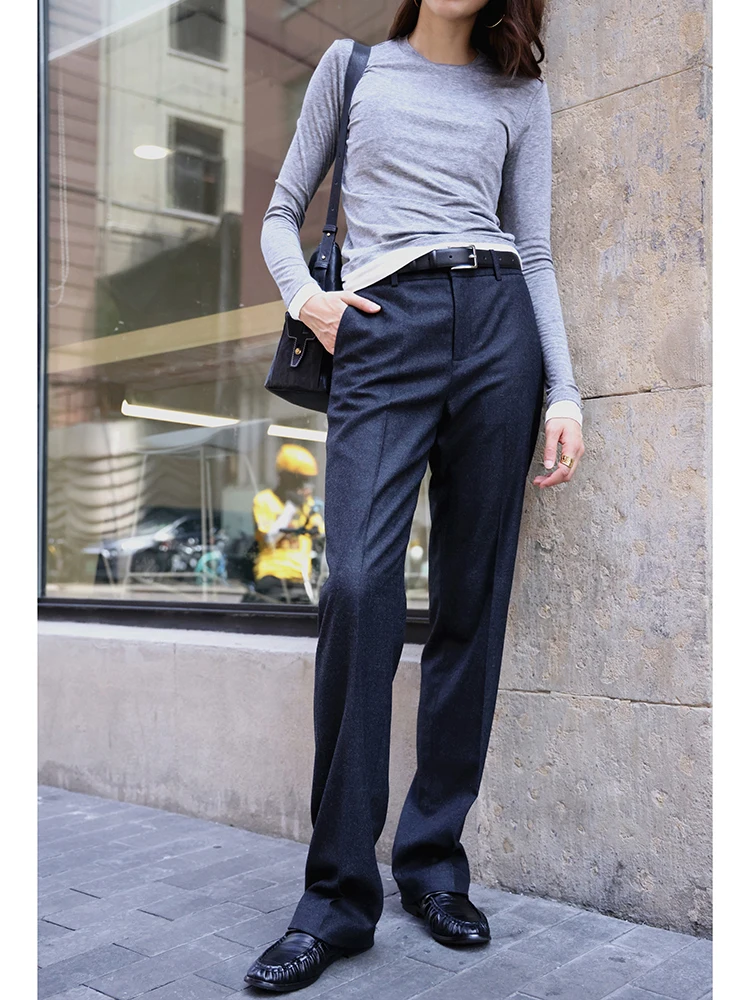 FANNIU 가을 겨울 모직 플란넬 펜슬 바지 통근용 여성용 긴 스트레이트 레그 바지 다리 길이 효과