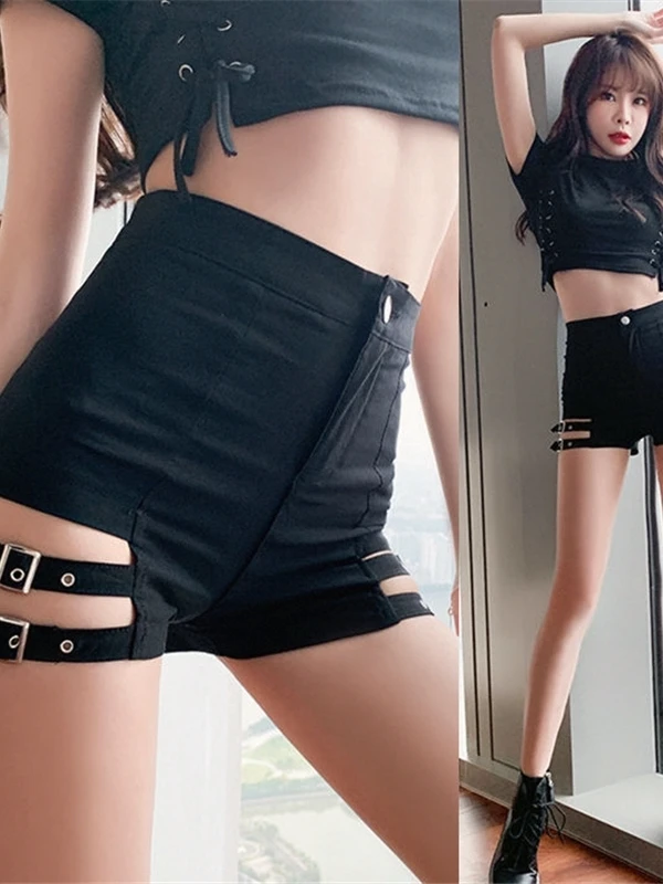 Sexy Fashionable Hot Short Pants Tight Belted Hollow out Elastic Women's Base Layer Pants High Waist Butt Lifting Trousers