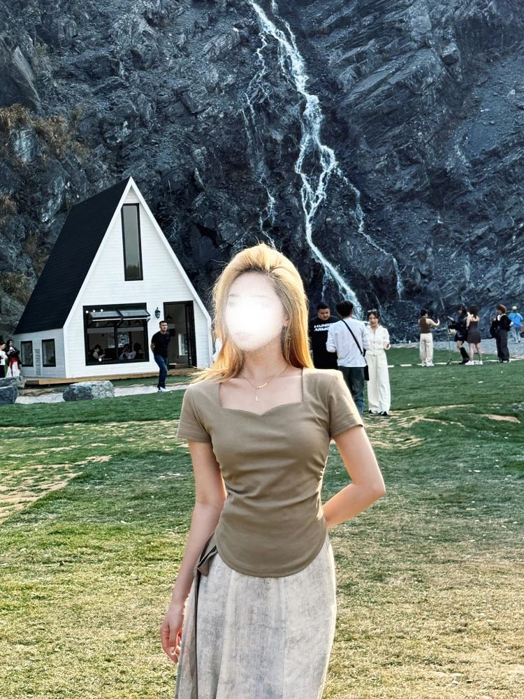 

Slim Fit ort Sve T-irt Women's Spring Summer New Sle Base irt Top Square Collar Bean een Color Commute Sle