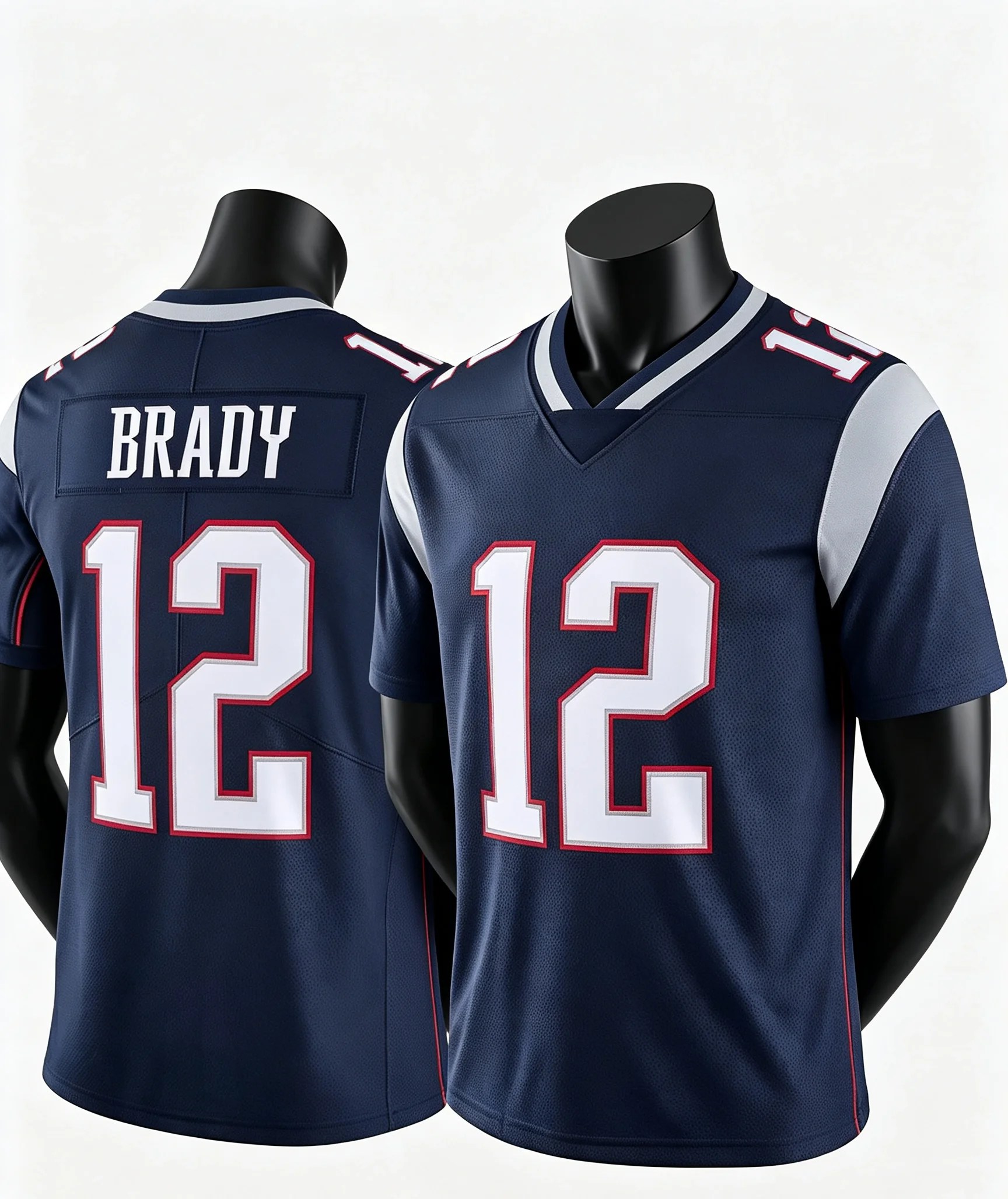 Men Kids #12 Brady Navy Home Football Jersey Contrast Shoulder Panel V Neck Breathable Sports Fan Uniform Family Matching