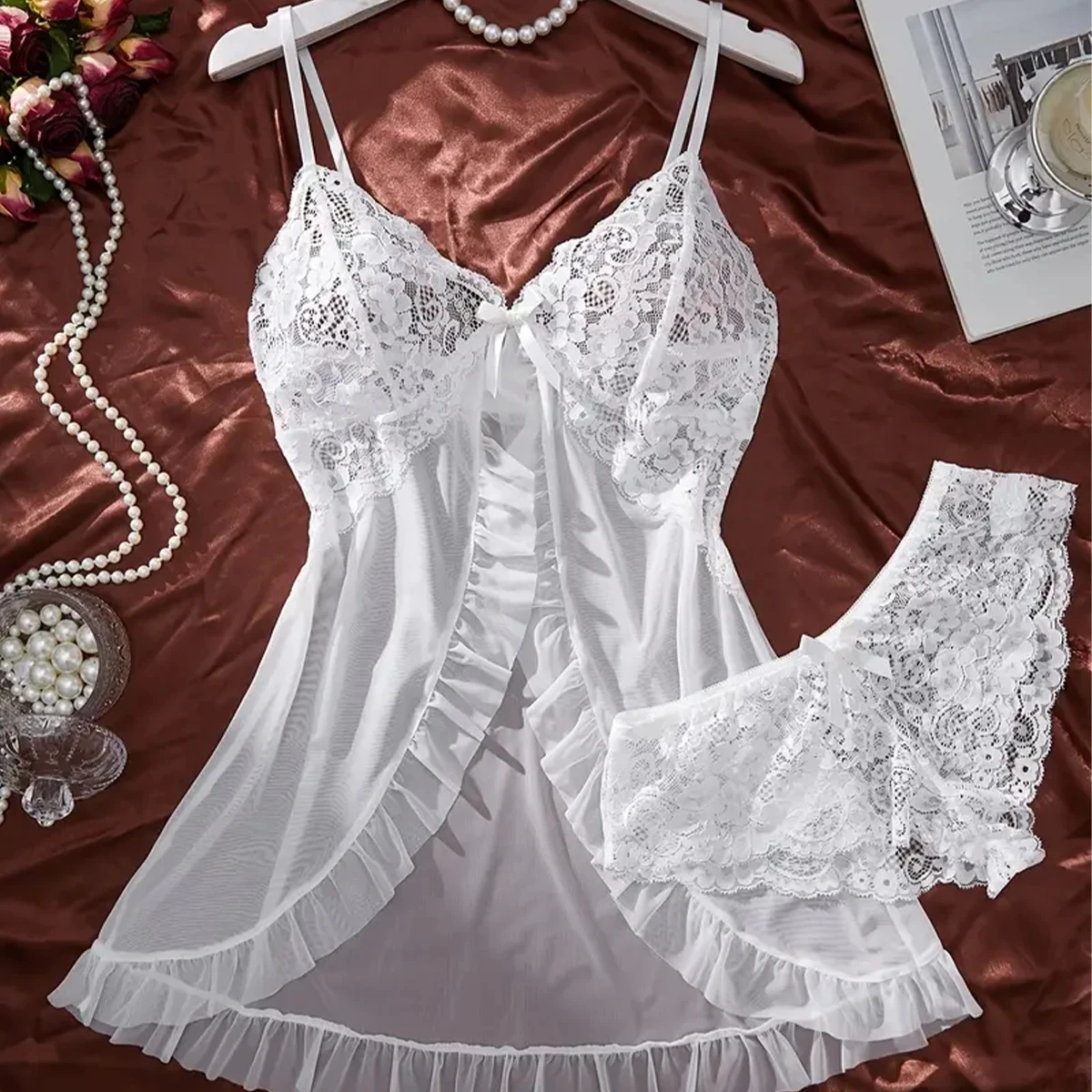 Transparent red Sexy Lingerie Women Underwear Temptation Sleepwear Lace Babydoll Dress Panties Pijamas Set Adult Female Nighty