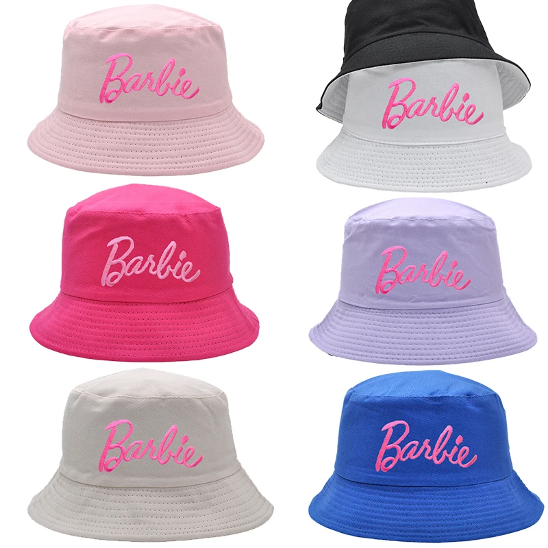 Versatile Barbie Bucket Hat Pink Embroidery Letter Sunscreen Cap Girls Casual Clothes Women Accessories Sunshade Outdoor Fishing