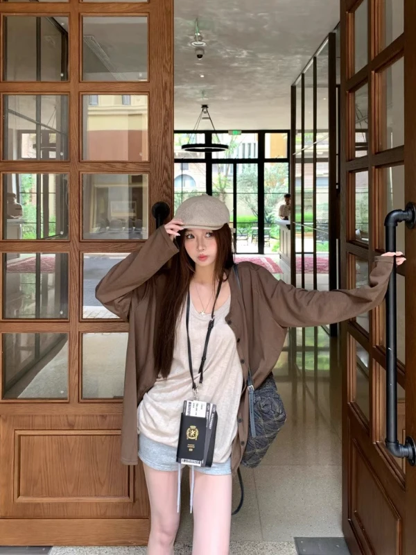 

Loose Fit Sunglasses Protection Cardigan And Vest Set Women's Faion Outfit Korean Sle Autumn Commute Sle Long Sve