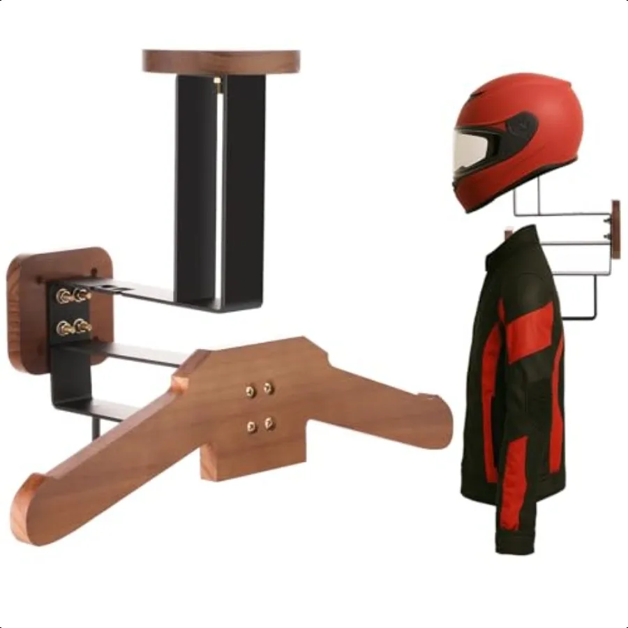 

Motorcycle Helmet Holder with Jacket Hanger Tactical Gear Rack Wall Mount Solid Wood Athletic Equipment Display and Organizer f