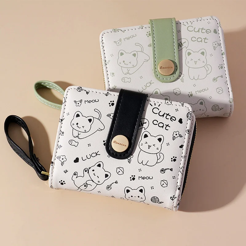 Cat Girls Wallet Short Student ID Bank Card Holder Money Bag Zipper Wallets For Women Key Storage Purse Coin Purse