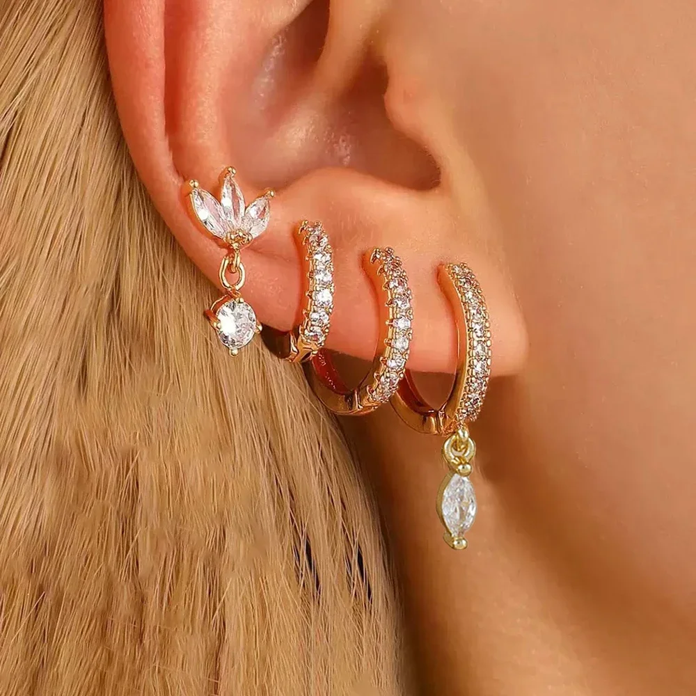 4PCS Exquisite Zircon Hoop Ear s Set For Women Stainless Steel Hoops Water Drop Shape Cartilage Ear  Piercing Jewelry