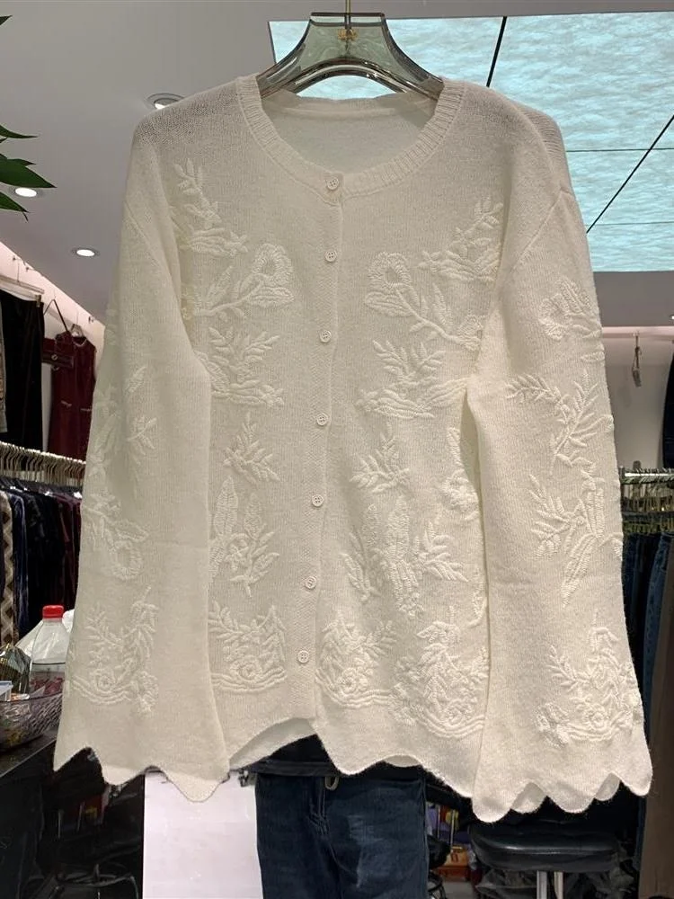 

Elegant Embroidered Knitted Open Cardigan Women's Top Early Autumn Fashion French Style Loose Fit Casual Long Sleeve V-Neck
