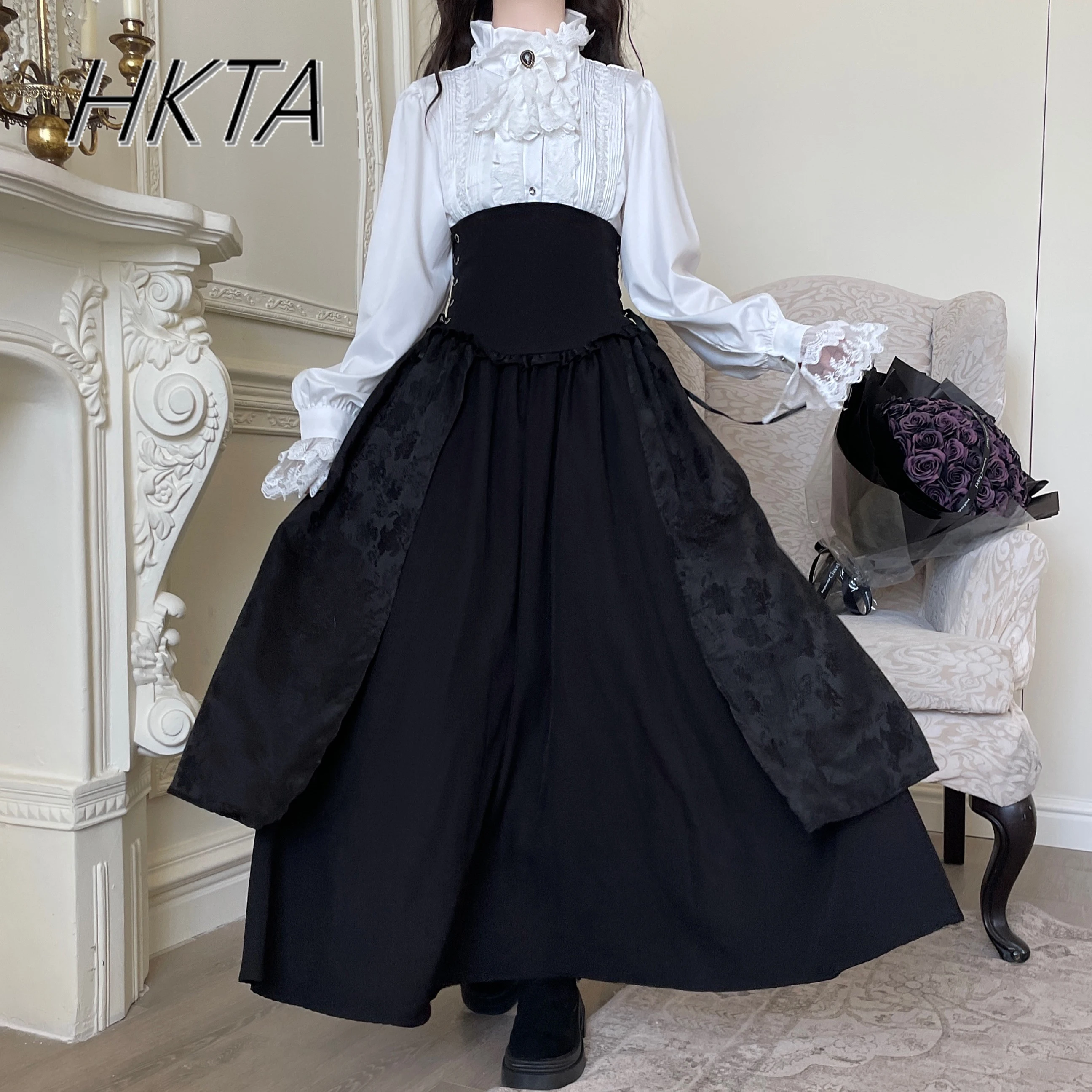 Gothic Lolita Sweet Lace-Up A-line Long Skirt Women's Autumn Winter Black High Waist Black Skirts White Long Sleeve Shirt Sets