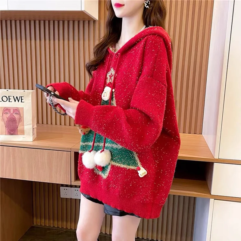 Christmas Sequined Hooded Sweater For Women New Year Drawstring Red Knitted Pullover Tops American Casual Retro Knitting Top