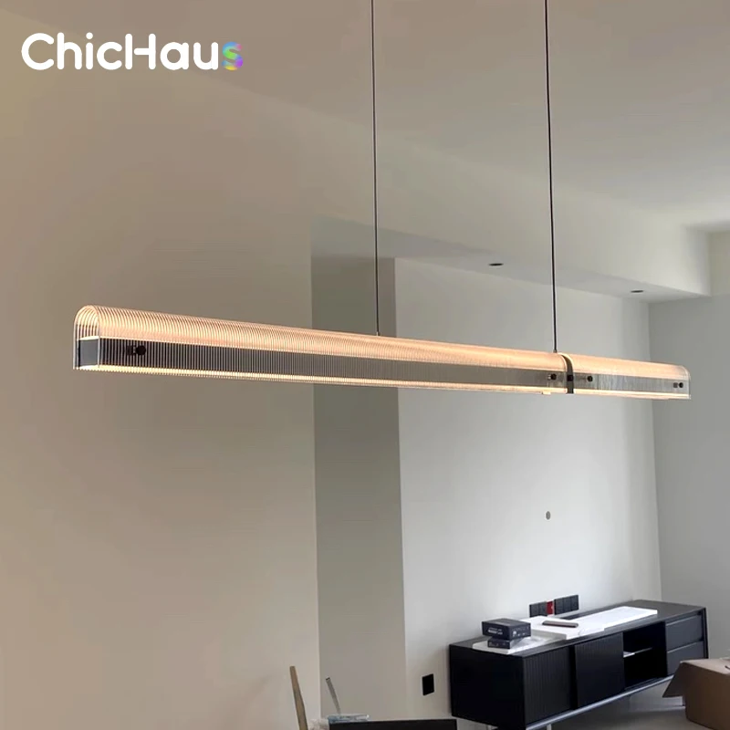 Minimalist Black Linear Pendant Light Smoky Gray Modern Long Glass Chandelier for Dining Room above Kitchen Island Lighting