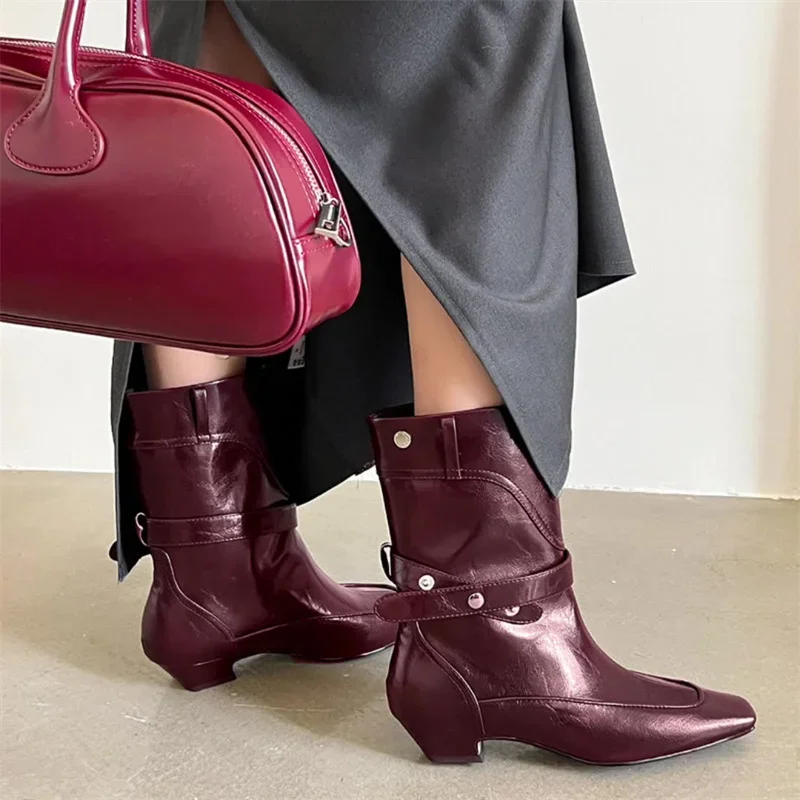 Burgundy Mid Calf Boots Square Toe Chunky Heels Buckle Design Brown Botas Elegant Shoes Sewing Genuine Leather Luxury Leisure