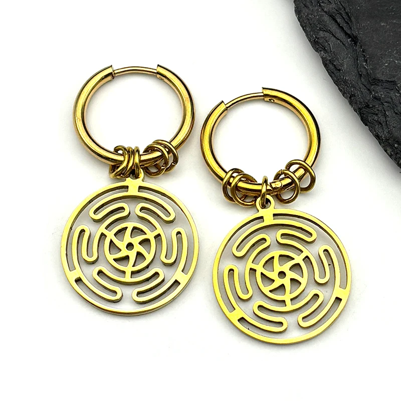 Witch Hekate Wheel Stainless Steel Drop Earrings for Women Strophalos Hecate Magic Symbol Logo Charm PIN Hoop Earring Jewelry