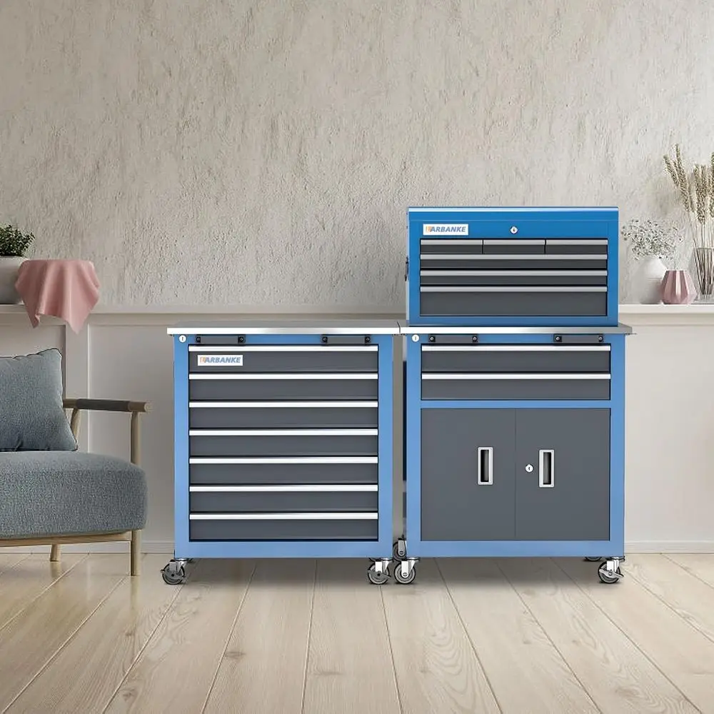 7-Drawer Metal Tool Chest with Stainless Steel Top, 8-Drawer Box, Locking System, Swivel Wheels, and Boot Pad
