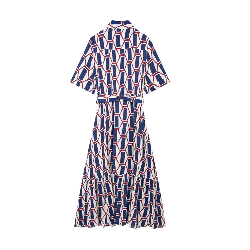 TRAF Geometric Print Shirt Dress Woman Ruffle Long Dresses For Women Short Sleeve Summer Dresses 2024 Belt Midi Casual Dress