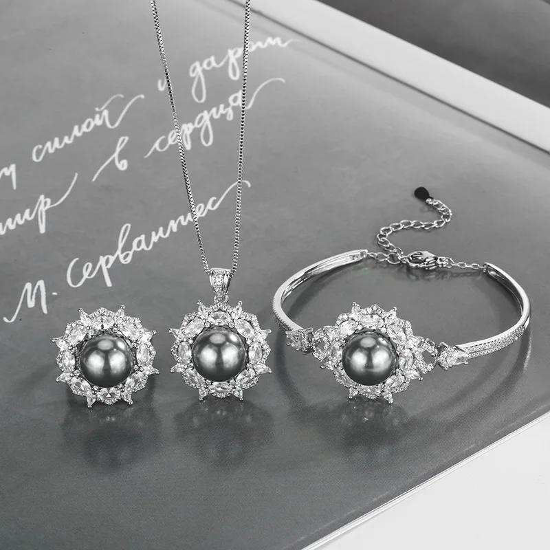 

Black Pearl Flower Jewelry Adjustable Ring Pendant Necklace Bracelet Elegant Luxury for Women Ideal for Wedding Evening Occasion