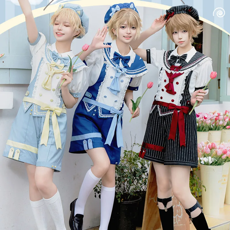 Gemini Dress Long Sleeve Op Fresh Gemini Daily Student Lolita Boy Blue Bow Shirt Pants Men Clothes Cute Kawaii Lace Ruffle Set