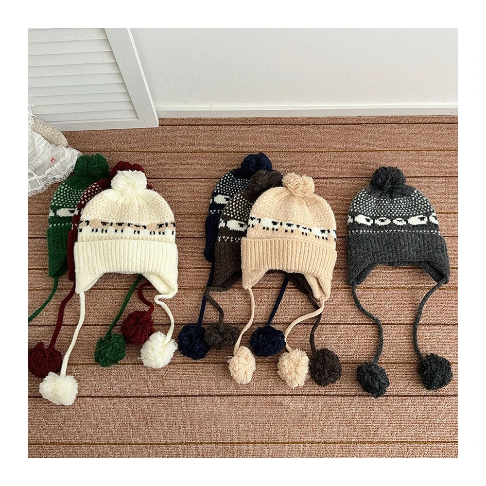 

Зимняя детская шапка, 7 цветов, теплая милая шапка в горошек для девочек, утепленная шапка для защиты ушей, детская универсальная вязаная шапка