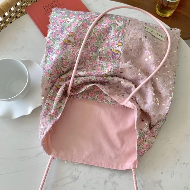 Sanurgente-Sac en toile rose clair Hello Kitty pour femme, design de niche à sequins, haut de gamme, simple initié, sac en toile CommPiedmont, Kawaii