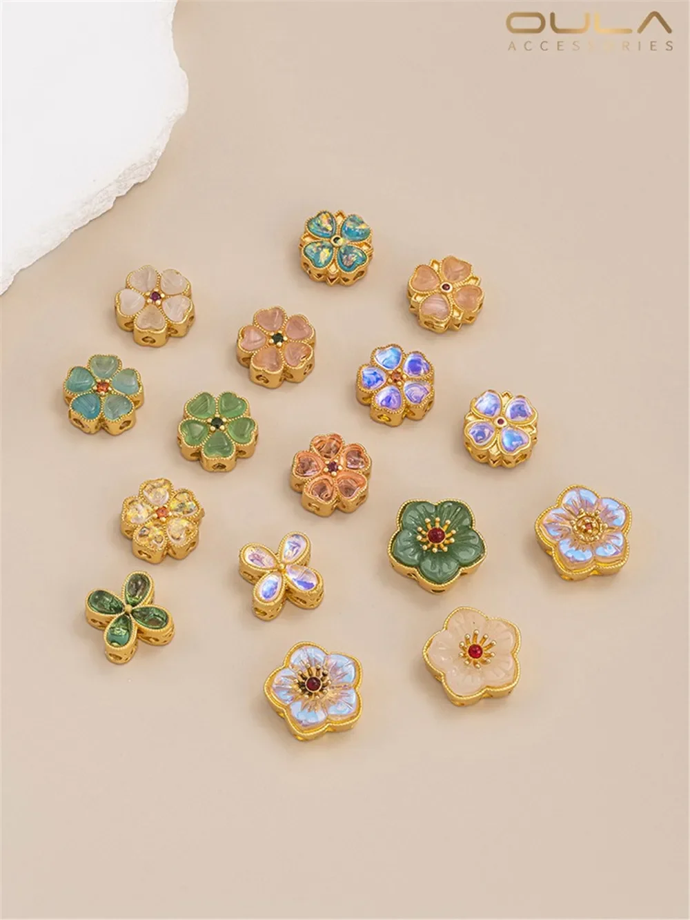 

Copper Plated Matte Gold Inlaid Cat Eye Stone Peach Blossom Imitation Moonstone Cherry Blossom Pearl DIY Jewelry Accessories