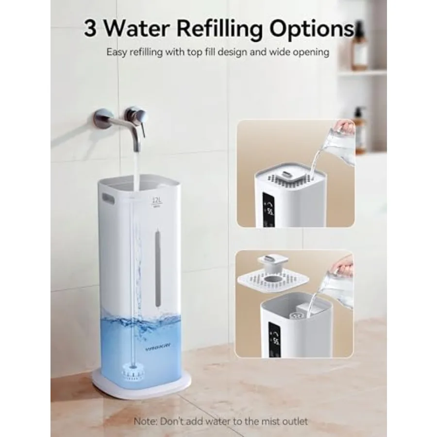 12L Ultrasonic Cool Mist Humidifier for Large Room Up to 1000ft Top Fill Design 3 Mist Levels 24H Timer Essential Oil Diffuser