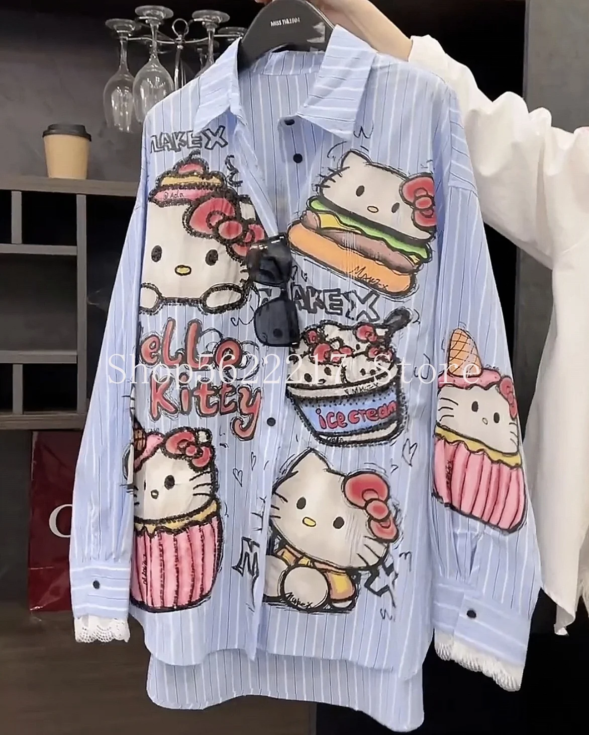 

New Spring Summer Lace Long Sleeve Women Sunscreen Shirt Cute KT Mid-long Loose Cardigans Top All-match Blue Stripes Blouses