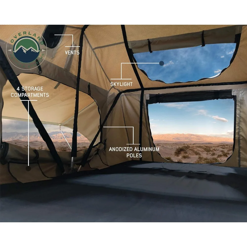 3 person rooftop tent with rainfly tan base and green rainfly