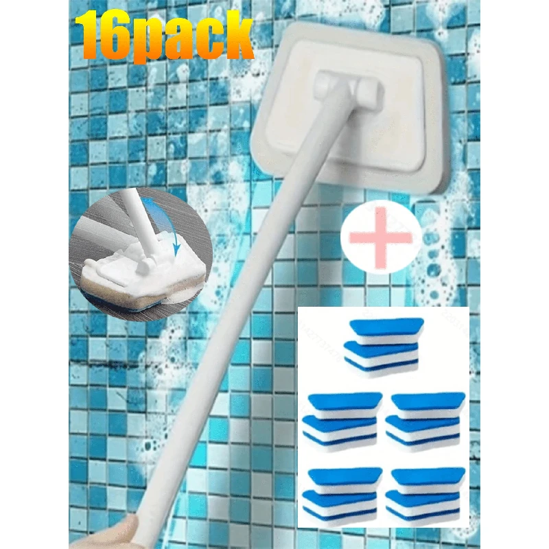 

7/11/16PCS Long Handle Cleaning Brush With Replaceable Sponge - Multi - Purpose For Kitchen & Bathroom, Tile & Glass Cleaner
